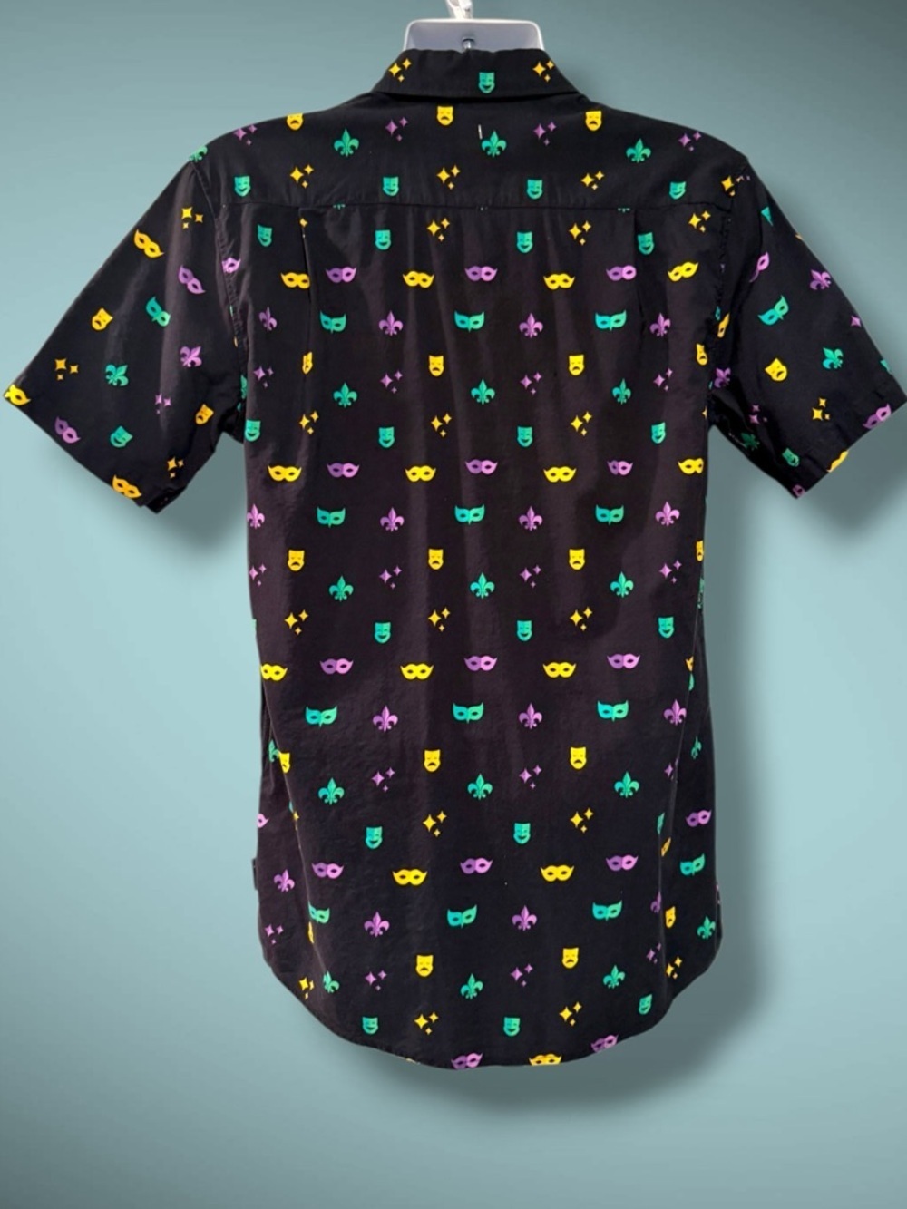 Tipsy Elves Button Up Shirt Mens L Black Mardi Gras Mask Party Festival Casual - Picture 4 of 7